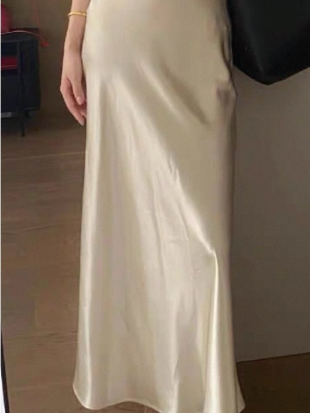 Satin Bias Maxi Skirt in Light Cream